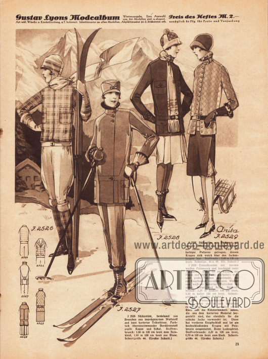 2526: Skikostüm, bestehend aus Breeches aus imprägniertem Wollstoff und bunt karierter Trikotbluse. Farblich übereinstimmender Bordürenstoff ergibt Kappe und Schal.
2527: Skikostüm aus Burberry mit langem Beinkleid und hochgeschlossener Jacke. Unter dieser wird ein farbiger Pullover getragen, dessen Kragen sich weich über den Jackenkragen legt.
2528: Eislaufkostüm mit kurzem weißen Faltenrock und leuchtend roter Tuchjacke. Diese ist im Rücken mit Passe und tiefer Falte gearbeitet; vorn sind große Taschen angebracht, die mit Knopfschluß versehen sind. Weißer und weiß-rot karierter Wolltrikot ergeben Mütze und Schal.
2529 (Anita): Wintersportkostüm aus einfarbig rotem und in sich kariertem roten Wollstoff. Der seitlich offene Rock läßt die Knickerbockers sehen, die aus dem karierten Material hergestellt sind, das ebenfalls für die schicke Jacke verwendet ist. Diese hat vorderen Knopfschluß und ist am hochschließenden Kragen mit Pelzbesatz ausgestattet. Roter Ledergürtel.