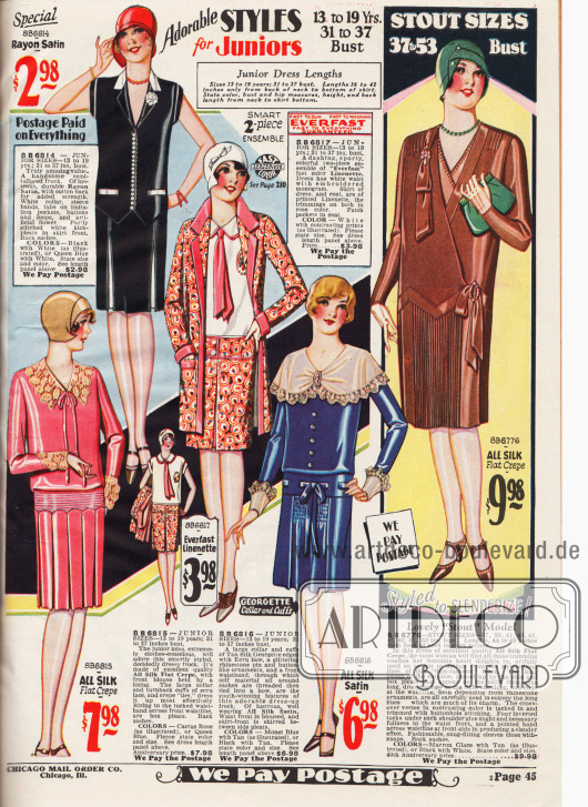 Doppelseite mit Kleidern für Mädchen im Alter zwischen 14 und 19 Jahren aus reinen Seidenstoffen, Woll-Flanell, Organdy, Rayon-Satin und Seiden-Satin sowie ein Ensemble aus Leinen.
Links und rechts an der Seite befinden Kleider für fülligere Damen.