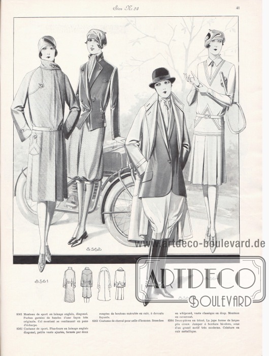 8561: Manteau de sport en lainage anglais, diagonal. Poches garnies de bandes d’une façon très originale. Col montant se continuant en pans d’écharpe.
8562: Costume de sport. Plus-fours en lainage anglais diagonal, petite veste ajustée, fermée par deux rangées de boutons exécutée en cuir, à devants fuyants.
8563: Costume de cheval pour selle d’homme. Breeches en whipcord, veste classique en drap. Manteau en covercoat.
8564: Deux-pièces en tricot. La jupe forme de larges plis creux. Jumper à bordure bicolore, orné d’un grand motif très moderne. Ceinture en cuir métallique.
