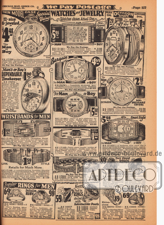 Taschenuhren, Armbanduhren und Ringe für Männer und Jungen sowie unten mittig auch Armbänder und Ringe für Frauen.
Die Gehäuse der Uhren sind aus Nickel oder aus Nickellegierungen, die Armbänder aus Leder. Die Ringe sind aus Sterling Silber die des Weiteren mit künstlichen Onyxen, Rubinen, Amethysten oder Topasen und Perlen besetzt sind.