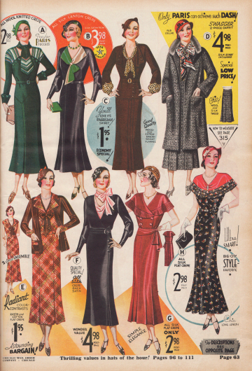 Damenkleider im Herbst 1932. Die aktuellen Modefarben sind der Jahreszeit angepasst: schwarz, braun, rot-braun und grau.