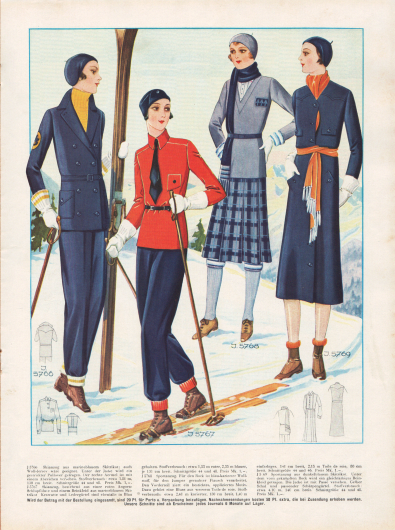 J 5766: Skianzug aus marineblauem Skitrikot; auch Woll-Jersey wäre geeignet. Unter der Jacke wird ein gestrickter Pullover getragen. Der rechte Ärmel ist mit einem Abzeichen versehen. Stoffverbrauch: etwa 3,80 m, 130 cm breit. Schnittgröße 44 und 48. Preis Mk. 1,-.
J 5767: Skianzug, bestehend aus einer roten Angora-Schlupfbluse und einem Beinkleid aus marineblauem Skitrikot. Krawatte und Ledergürtel sind ebenfalls in Blau gehalten. Stoffverbrauch: etwa 1,55 m roter, 2,35 m blauer, je 130 cm breit. Schnittgröße 44 und 48. Preis Mk. 1,-.
J 5768: Sportanzug. Für den Rock ist blau-karierter Wollstoff, für den Jumper gerauhter Flausch verarbeitet. Den Vorderteil ziert ein besticktes, appliziertes Motiv. Dazu gehört eine Bluse aus weissem Toile de soie. Stoffverbrauch: etwa 2,40 m karierter, 130 cm breit, 1,40 m einfarbiger, 140 cm breit, 2,15 m Toile de soie, 80 cm breit. Schnittgröße 44 und 46. Preis Mk. 1.-.
J 5769: Sportanzug aus dunkelblauem Skitrikot. Unter dem vorn geknöpften Rock wird ein gleichfarbiges Beinkleid getragen. Die Jacke ist mit Passe versehen. Gelber Schal und passender Schärpengürtel. Stoffverbrauch: etwa 4,10 m, 140 cm breit. Schnittgröße 44 und 48. Preis Mk. 1,-.
[Seite 26a]