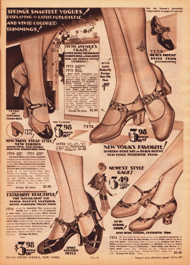 Sehr mondäne Riemchenschuhe mit dekorativen Schnallen für Frauen und junge Damen. Die Damenschuhe sind aus Lackleder oder Rindsleder, wobei unterschiedliche farbliche Kombinationen besonders reizvolle Dessins ergeben.
Schmuckschnallen, Farbkontraste, Ausstanzungen und kleine Schleifchen geben jedem Modell einen unverwechselbaren, eigenen Charakter. Futuristische und modernistische Designs sind in der Schuhmode 1929 besonders en vogue, wie man es beispielsweise am Schuhpaar unten rechts sehen kann.