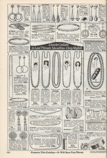 Doppelseite mit Modeschmuck, wie z.B. Knopf-Ohrringen und langen Ohranhängern, Armbändern, Armreifen und Ringen, Halsketten, Schärpen sowie Medaillons aus Metallen und Glas.
Unten mittig zeigen sich Kosmetikartikel wie Lippenstifte, Puderdosen mit integrierten Spiegeln, Kajal, Rouge und ein Fingernagel-Pflegeset mit Nagelhautentferner und Nagelfeile der Marke „Cutex“.
Um 1924 entwickelte sich das nach Amerika gebrachte Spiel Mahjong (engl. „Mah-Jongg“) zu einer regelrechten Modehysterie, so dass auch das Versandhaus Philipsborn’s dieser Modewelle Rechnung trug, indem es auch hier in seinem Angebot das Spiel vertrieb. Rechts daneben befindet sich auch passender Mahjong Modeschmuck. Bezug zum Spiel wird nochmals auf Seite 128 genommen.