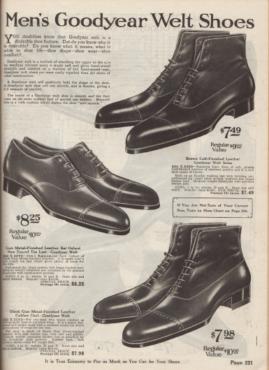 „Rahmengenähte Herrenschuhe“ (engl. „Men’s Goodyear Welt Shoes“).
Ein Paar Oxford-Anzugschuhe mit geschlossener Schnürung (Balmoral Lace Shoe) sowie zwei Stiefeletten aus braunem Kalbsleder oder dunkelgraublauem bzw. metallgrauem Leder. Die Schäfte der Stiefeletten mit sind angerauten, matten Ledern gearbeitet, so dass ein zweifarbiger Effekt entsteht. Gerade Kappen mit Lyralochung auf der Naht.
Oben links werden die Vorteile von rahmengenähten Schuhen für die Kunden zusammengefasst.