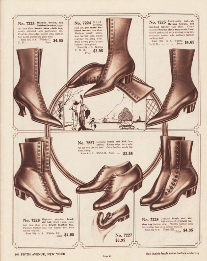 Schnürstiefel, Stiefeletten sowie ein Oxford-Modell für junge Frauen und Damen. Die Schuhe sind aus Havanna braunem oder schwarzem Chevreauleder (Ziegenleder) und „vici“ Chevreauleder. Bei zwei Modellen bestehen die Schäfte aus hellerem Stoff. Ein Modell (7228) wird über Druckknöpfe geschlossen.
Die Schuhe sind mit leichten Lochlinienverzierungen perforiert. Die oberen Modelle zeigen die 1919 sehr moderne spitze Kappenform, während die unteren Modelle eher abgerundete Kappen zeigen. Niedrige und militärische Absätze dominieren die Auswahl. Ein Modell mit Louis XIV Absätzen (7223).