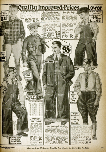 Overalls und Arbeitsjacken aus Khaki und Denim (Jeans) für Jungs und junge Männer sowie Kniebundhosen aus Kord und Khaki. Auch eine Lumber Jack Jacke (Holzfällerjacke) ist bestellbar (oben links).