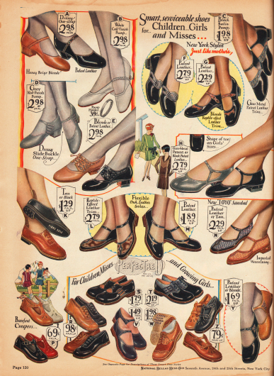 Schuhe mit niedrigen Absätzen für kleine Mädchen und junge Damen von 2 bis 13 Jahren. Die Schuhe im oberen Bildteil ähneln schon sehr den Schuhen für erwachsene Damen. Die Schuhe sind aus Rindsleder, Chevreauleder (Ziegenleder), Lackleder und auch Satin und werden gerne mit reptilienartig genarbten Ledersorten kombiniert. In der Mitte rechts befindet sich ein "Toyo" Sandalenschuh.
Im unteren Seitenbereich sind die Schuhe mit flachen Sohlen für junge Mädchen.