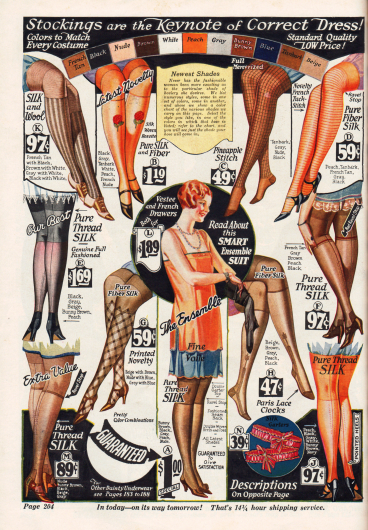 Brauntöne wie „Bunny Brown“ oder „French Tan“, eingewebte Motive und aufgedruckte Muster dominieren die Damenstrumpfmode 1925/26.