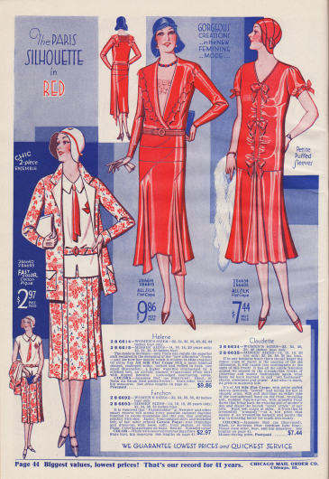 „Die Pariser Modelinie in Rot. Hinreißende Kreationen… in der neuen weiblichen… Mode…“ (engl. „The Paris Silhouette in Red. Gorgeous Creations… in the New Feminine… Mode…“).
2 B 6692/93 (Fanchon): Ensemble aus gemustertem und einfarbigem Baumwoll-Pikee für günstige 2,97 Dollar. Hüftlange Jacke mit Taschen. Kurzärmelige Schoßbluse mit roter Krawatte und Applikation. Rock mit Faltengruppen.
2 B 6614/15 (Helene): Elegantes Tageskleid aus Seiden-Krepp für 9,86 Dollar. Der breite Kragen ist mit einer bogigen Zackenkante versehen und im Rücken mit Rüsche und Biesen gearbeitet. Westeneinsatz (Plastron) mit Spitze abgesetzt. Gesteppter Stoffgürtel sowie zipfelig verlängerter Rock.
2 B 6634/35 (Claudette): Elegantes Sommerkleid aus Seiden-Krepp für 7,44 Dollar. Modell mit kurzen Puffärmelchen. Glattes Oberteil mit Frontblende und Schleifengarnitur. Unterhalb der Blende ist der Stoff gerafft.