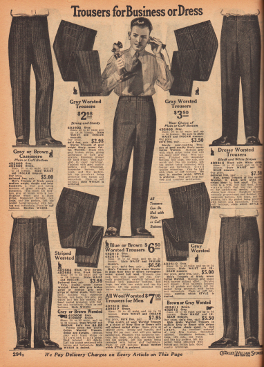 „Hosen für Geschäft und elegante Anlässe“ (engl. „Trousers for Business or Dress“).
Die hier gezeigten Anzughosen sind aus Kaschmirwolle und Baumwolle, Baumwoll-Kammgarn oder Woll-Kammgarn. Streifenmuster, Heringsmuster, diagonale Stoffverarbeitungen und feine Nadelstreifen sind die vorherrschenden Gewebeverarbeitungen. Hosen werden mit oder ohne Hosenaufschläge geliefert.