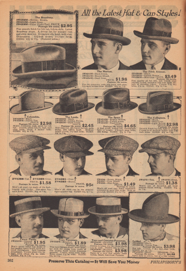 Herrenhüte aus Filz, Wolle, leichten Strohsorten für den Sommer und Velours. Viele Hüte zeigen Ripsbänder mit Schleifen. Die angebotenen Hüte sind Panamas (unten links), ein Karlsbad (unten rechts), Schiebermützen, Fedoras und Homburg Hüte.