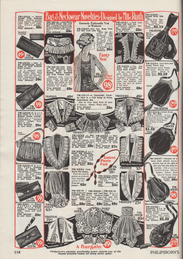 „Taschen- & Halsbekleidungs-Neuheiten – Entworfen von Mlle Ruth“ (engl. „Bag & Neckwear Novelties – Designed by Mlle. Ruth“).
Im mittleren Seitenbereich befinden sich Kragen-, Jabot-, Ärmel- sowie passende Ärmelaufschlaggarnituren zum Nähen von Kleidung. Darunter befindet sich auch ein Smokingkragen (engl. „Tuxedo collar“). Die Garnituren sind aus Organdy, Filetspitze, Cluny Spitze, Netzgewebe, Seiden-Crêpe de Chine oder Georgette. Einzelne Modelle sind bestickt, mit Spitzenkante oder Plisseerüsche versehen.
An den Seitenrändern werden Geldbörsen und Handtaschen (links) oder Rahmenhandtaschen sowie Kosmetikbeutel (rechts) angeboten. Die Geldbörsen und Taschen sind aus genarbtem oder meliertem Leder. Die Beutel und Rahmenhandtaschen sind aus Seide, Samt, Seiden-Popeline oder Moiré und sind teilweise bestickt oder mit Quasten verschönt.