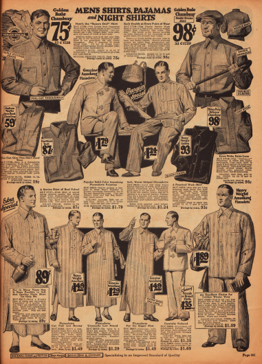 Schlafanzüge und Nachthemden aus Flanell, sowie Arbeitshemden aus Chambray und Khaki für Männer.