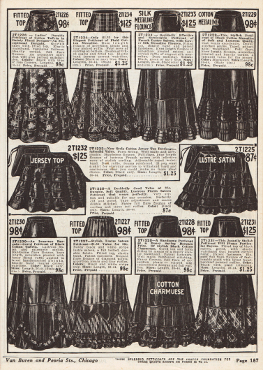 Petticoats (Damenunterröcke) mit Rüschen und Volants aus Baumwoll-Taft, Baumwoll-Messaline (Seidengewebe), glänzendem französischem Satin, Baumwoll-Jersey und Baumwoll-Charmeuse.