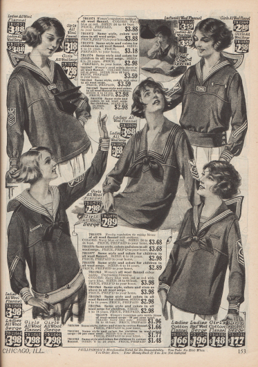 Legere Pullover im Matrosenstil für junge Frauen und Mädchen. Woll- Flanell, Woll-Serge und Baumwoll-Flanell sind die verwendeten Stoffe.
