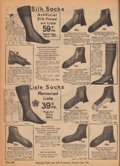 „Socken aus Seide“ und „Socken aus Baumwollgarn“ (engl. „Silk Socks“ und „Lisle Socks“).
Herrensocken mit verstärkten Zehen, Sohlen und Fersen aus Seide in mittelschweren Qualitäten, Kunstseide oder merzerisierten Baumwollgeweben. Die Socken sind in den Farben Weiß, Hellbraun, Grau, rötlichem Dunkelbraun, Marineblau oder Schwarz erhältlich.
Rechs mittig befinden sich lange Golfsocken aus gerippter, schwerer Wolle.
