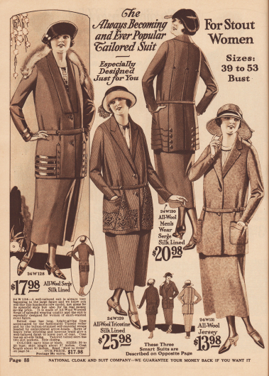 Kostüme für korpulente, aber modebewusste Damen aus Woll-Serge, Woll-Tricotine und Woll-Jersey.