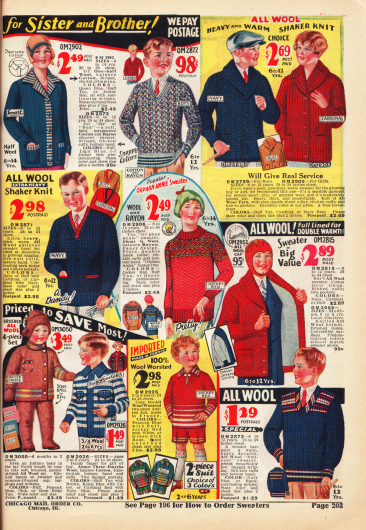 Strickjacken (Cardigans) und Pullover aus Wolle, Baumwolle oder Rayon für Jungen und Mädchen im Alter von 2 bis 14 Jahre. Unten links befinden sich ein Schneeanzug für Kleinkinder aus gekämmter Wolle und ein Strickanzug aus Wolle für 2 bis 6-jährige Jungen mit kurzer Hose.