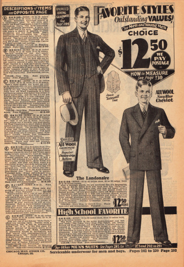 Ein einreihiger Anzug für elegante Herren aus Woll-Kaschmir und ein zweireihiger Anzug für junge Männer im High School Alter aus Woll-Cheviot - beide für 12,50 Dollar erhältlich.
Rechts sind die Erläuterungen der Herrenanzüge der vorherigen Farbseite 292.