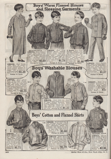 „Warme Flanellblusen und Schlafbekleidung für Jungen“ (engl. „Boys’ Warm Flannel Blouses and Sleeping Garments“).
Dicke, militärische Flanellhemden und Arbeitshemden aus schwerem Woll-Baumwoll-Mischgewebe und Baumwoll-Flanell, ein langes Nachthemd aus warmem Flanell-Vlies sowie ein zweiteiliger Pyjama aus gestreiftem Flanell mit Posamentenverschlüssen für 4 bis 16-jährige Jungen.

„Waschbare Hemden für Jungen“ (engl. „Boys’ Washable Blouses“).
Blusen bzw. Hemden aus gestreiften Perkal-Stoffen oder Chambray, die wie Arbeitshemden für Männer gearbeitet sind, für 5 bis 16-jährige Jungen.

„Baumwoll- und Flanellhemden für Jungen“ (engl. „Boys’ Cotton and Flannel Shirts“).
Hemden für Schule und Arbeit aus warmem, widerstandsfähigem Flanell, Chambray, gestreiftem Perkal oder Woll-Baumwoll-Flanell für 12 bis 14-jährige Jungen.