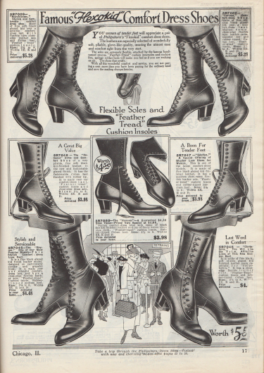 „Berühmte ‚Flexokid‘ Komfort-Schuhe“ (engl. „Famous ‚Flexokid‘ Comfort Dress Shoes“).
Bequeme Damenstiefeletten zum Schnüren, die sich durch weiche Sohlen und schmiegsame Ledersorten auszeichnen, speziell für Frauen mit empfindlichen Füßen. Die Stiefel sind aus glaciertem Chereauleder (Ziegenleder), die weich wie Handschuhleder sind. Ein Stiefelmodell unten rechts wird über seitliche Knöpfe geschlossen. Alle Modelle mit breiten, mittelhohen kubanischen Absätzen.