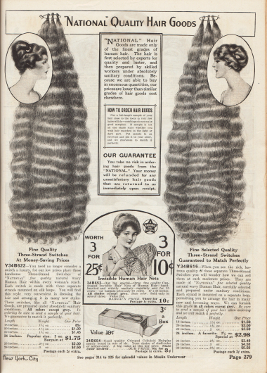 Menschliches Echthaar zur Anreicherung der Frisur für die Frau, die hübsch sein möchte. Die langen Haarsträhnen und Haarteile werden nach streng hygienischen Vorgaben verarbeitet. Die hier bestellbaren Längen reichen von 18 bis 30 inch (45,7 bis 76,2 cm).
Unten in der Mitte werden zudem Haarnetze im Dreierpack und eine Box mit jeweils sechs Haarnadeln aus Celluloid verkauft.