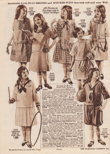 Tages- und Schulkleider sowie ein Sportkleid mit Knickerbockern für Mädchen im Alter von 7 bis 14 Jahren.
Die Kleider sind aus feinem kariertem Gingham, Leinen, Chambray, Londsdale Jeans oder Khakigewebe. Einzelne Kleider sind mit kleinen oder großen Schleifen, Stickereien oder Rüschen garniert. Unten links befindet sich ein Kleidchen mit Matrosenbluse (engl. „Middy-Blouse Dress“), rechts daneben der besagte Knickerbocker Sportanzug.