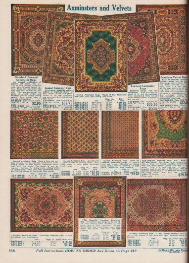 Kleinere und größere Samt-Teppiche im Axminster-Stil mit floralen, leuchtenden Mustern, im Medaillon-Motiv oder im eher zurückhaltenden, ruhigen Design.
Die Größen reichen von 68,58 x 132,08 cm (27 x 52 Inch, oben links) über 1,83 x 2,74 m (6 x 9 Feet) bis 3,43 x 3,66 m (11¼ x 12 Feet, unten rechts).