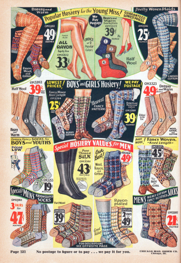 Warme Strümpfe und Socken für junge Frauen (oben), Mädchen und Jungen (Mitte) und Männer (unten). Die Strümpfe und Socken sind einfarbig, gestreift oder gemustert und aus Rayon, Wolle oder Baumwolle.