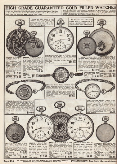 Vergoldete Armband- und Taschenuhren für Männer und Frauen mit unterschiedlichen Ziffernblättern und rückseitigen Verzierungen zum aufziehen. Einzelne Uhren besitzen auch Sekundenzeiger. Die Preise rangieren zwischen 7,50 und 15,98 Dollar. Einzelne Uhren sind von der Marke Elgin.