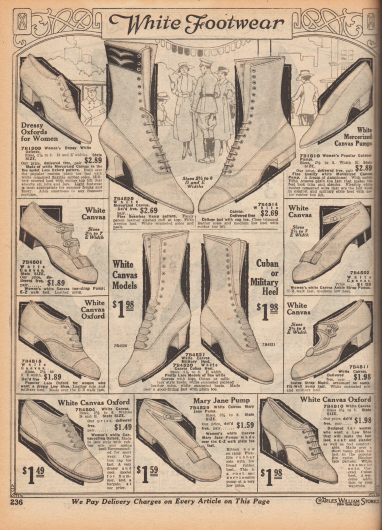 „Weißes Schuhwerk“ (engl. „White Footwear“).
Sommerliche Damenschuhe in einfachen Aufmachungen aus luftdurchlässigem weißen Kanevas für unterschiedlichste Anlässe und Freizeitaktivitäten. Unter den Schuhen sind Oxfords, Pumps, Schnallenschuhe, Pumps mit Knöchelschnalle, Stiefel und Stiefelletten sowie Sportschuhe.
Die Absätze der Schuhe sind zumeist flach oder niedrig. Nur einzelne Modelle haben halbhohe Absätze. Die Stiefel zeigen mittelhohe kubanische oder geschwungene Louis XIV Absätze.