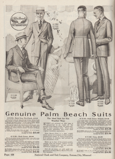 „Echte Palm Beach Anzüge – Der ideale Anzug für warmes Wetter“ (engl. „Genuine Palm Beach Suits – The Ideal Suit for Hot Weather Wear“).
Vier Anzüge im flotten Stil bis hin zum Geschäfts- bzw. Businessanzug aus echtem Palm Beach Gewebe, das eine besonders leichte Qualität aufweist, porös und sehr Luftdurchlässig ist.

41X505: Einreihiger Geschäftsanzug aus kleinkariertem, dunkelgrauem Palm Beach Stoff für Herren jeden Alters.
41X501 & 41X502: Schmissiger doppelreihiger Sommeranzug in Dunkelgrün mit eng stehenden Knöpfen für junge Männer. Breite, bogig steigende Revers betonen den Oberkörper und die Schultern. Taillenabnäher sowie große aufgesetzte Taschen.
41X503 & 41X504: Einreihiger, dunkelgrüner Sakkoanzug mit dreiviertellangem Gürtel im Rücken und steigenden Revers für junge Männer.
41X506: Einreihiger, grauer Anzug im glatten, schnörkellosen Stil für Herren, die die Extreme meiden. Sakko mit drei aufgesetzten, großen Taschen.