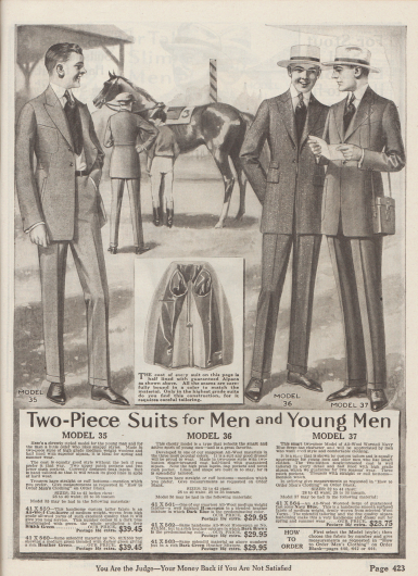 „Zweiteilige Anzüge für Herren und junge Männer“ (engl. „Two-Piece Suits for Men and Young Men“).

Modell 35: Einreihiger Sakkoanzug für junge Männer und etwas ältere Herren, die einen flotten Stil bevorzugen. Sakko mit steigenden Revers, abnehmbarem Gürtel, zwei großen aufgesetzten Brusttaschen und zwei Schlitztaschen. Bestellbar in bläulich-grüner Kaschmirwolle (41X59) oder dunklem Heidekraut-Grün (41X60).
Modell 36: Einreihiger Sakkoanzug für sportlich aktive junge Männer. Das Sakko schließt auf zwei Knöpfe, ist teilweise mit Alpaka gefüttert, zeigt steigende Revers, zwei eingearbeitete Taschen mit Klappen, eine modisch neue Wechselgeldtasche und Taillenabnäher. Glatter Schoßabschluss. Bestellbar in reinem Woll-Homespun in den Farben Heidekraut-Dunkelblau (41X61), Heidekraut-Dunkelbraun (41X62) oder Heidekraut-Dunkelgrün (41X63).
Modell 37: Legerer Straßenanzug aus marineblauer Kammgarnwolle (41X63) für junge Männer und Herren, die bequeme Anzüge bevorzugen. Sakko mit aufgesetzten Taschen, einer schrägen Brusttasche und fallenden Revers. Hosen nach Wunsch mit oder ohne Hosenaufschläge.