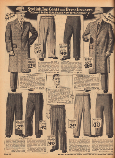 Zwei einreihige Mäntel für Herren aus Wollstoffen sowie feine Anzughosen in hellen und dunklen Farben aus Woll-Flanell, Woll-Serge, Woll-Baumwoll-Kaschmir, Woll-Kaschmir, Woll-Baumwoll-Flanell und Woll-Baumwoll-Serge.