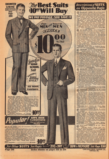 Ein einreihiger Anzug für Männer und ein zweireihiger Anzug für junge Männer im High School Alter für jeweils 10 Dollar. Beide Anzüge sind aus Woll-Kaschmir gefertigt.
Rechts befinden sich die Erläuterungen der Herrenanzüge auf der folgenden Seite 287.
