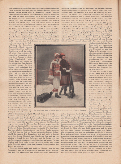 Artikel:
Dahl, Annie, Sportfreuden im Winter.

Im Zentrum des Artikels wird eine Fotografie präsentiert, die zwei Frauen in sportlichen Winterkleidern im Schnee zeigt. Die Bildunterschrift lautet „So wandert man bequem durch den Schnee“.
Foto: Joel Feder.