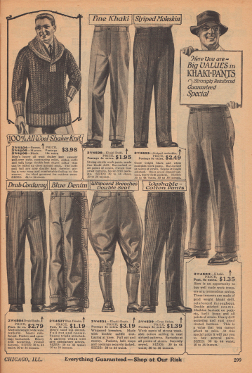 Doppelseite mit Anzug-, Arbeits- und Sporthosen sowie einer Strickjacke und einem Strickpullover aus Wolle für Männer. Die Hosen bestehen aus Baumwollstoffen, Kord, Englischleder, Jeansstoff und Khaki. Die Reithosen bestehen aus Khaki oder Kord.