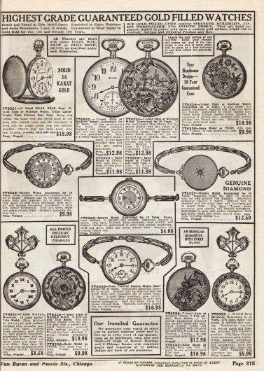 Vergoldete Armband- und Taschenuhren, teilweise mit Edelsteinen besetzt, für Männer und Frauen mit unterschiedlichen Ziffernblättern und rückseitigen Verzierungen zum aufziehen. Einzelne Uhren besitzen auch Sekundenzeiger. Die Preise rangieren zwischen 4,98 und 18,98 Dollar. Einzelne Uhren sind von der Marke Elgin.