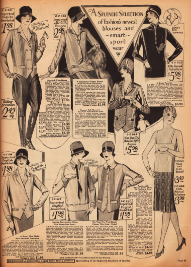 Sportbekleidung für Damen zu günstigen Preisen aus Broadcloth („Breitgewebe“), Seide, Samt und Rayon.
Der Schnitt der Blusen ist sehr männlich gehalten - besonders die Bluse mit Knickerbockerhose wirkt sehr maskulin.