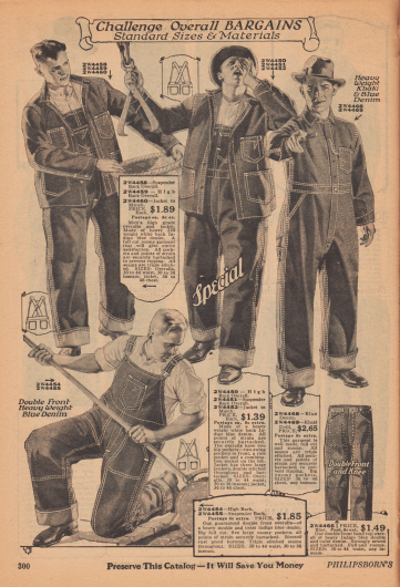 Arbeitskleidung für Männer bestehend aus Overalls, Jacken und Hosen aus blauem Jeansstoff oder Khaki.