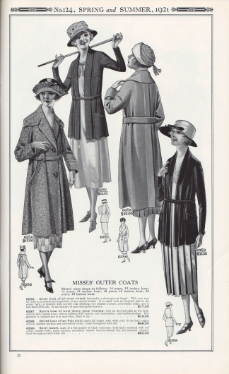 Nr. 124, FRÜHLING und SOMMER, 1921.

DAMEN-OBERBEKLEIDUNG.
Die Größen für Fräulein reichen wie folgt: 14 Jahre, 32 Zoll Oberweite; 16 Jahre, 34 Zoll Oberweite; 18 Jahre, 36 Zoll Oberweite; 20 Jahre, 38 Zoll Oberweite.

63S6: Mantel aus reinem Woll-Tweed, in Dreiviertel-Länge. Dieser Mantel kann als regenfestes Kleidungsstück oder als Sportmodell verwendet werden. Er besitzt eine invertierte Falte in der Mitte des Rückens, ist mit neuartiger Seidenstickerei versehen, hat zwei große Eingrifftaschen, einen abnehmbaren Kragen und ist halb mit Seide gefüttert; in hellbrauner oder grau-grüner Mischung… 17,50 $.
63S7: Sportmantel aus Woll-Jersey (reines Kammgarn) mit invertierter Falte im Rücken, schmalem Gürtel, Smoking-Vorderseite, Ärmeln mit Knöpfen und Knopflöchern und eingearbeiteten Schlitztaschen. Dieses Kleidungsstück ist ungefüttert und ist in Marineblau, Schwarz oder Hellbraun… 13,50 $.
63S8: Gegürteter Mantel aus hellbraunem Polostoff, in voller Länge, mit breiter Falte im Rücken, Raglanärmeln, geschlitzten Taschen und konvertierbarem Kragen; durchgehend mit Seide gefüttert… 48,00 $.
63S9: Kurze Jacke, aus feinem schwarzem Samt (Twill-Rückseite), entworfen mit Umlegekragen, Smokingfront, aufgesetzten Taschen, extrem schmalem Gürtel mit Knöpfen und herrenmäßig gearbeiteten Ärmeln; durchgehend mit weißer Seide gefüttert… 32,50 $.

[Seite] 25