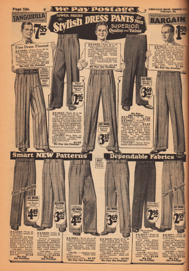 „Modische Anzughosen für Männer“ (engl. „Sylish Dress Pants for Men“).
Die elf Anzughosen und Bundfaltenhosen sind aus Woll-Flanell, Woll-Kaschmir und Woll-Serge. Die Hosenaufschläge haben eine Weite von 17 bis 20 Inch (43,2 bis 50,8 cm).
Besonders extravagant ist das Modell „Tangorilla“ oben links in auffälliger Streifenmusterung. Zu der Hose gehört ein Lackleder-Gürtel mit eingestanzten Nieten und Metall-Gürtelschnalle.