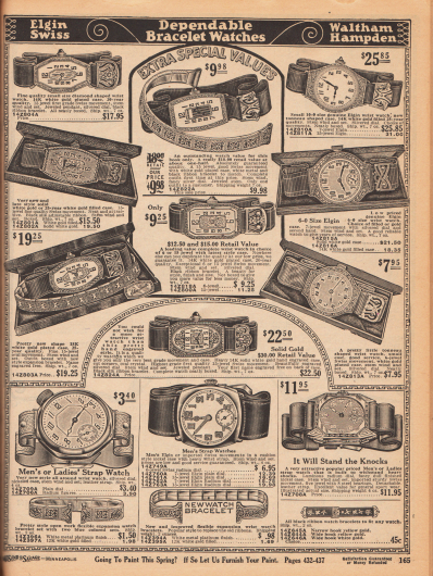Armbanduhren für Damen (oben) und Herren (unten). Die Damenarmbanduhren sind feiner und zierlicher gearbeitet und besitzen schmalere Armbänder, die Armbanduhren für Herren sind grober und wuchtiger gehalten.
Einige der Modelle sind Uhren der Marke Elgin (Elgin National Watch Company, Produktion von 1864-1968 in den USA). Einzelne Ziffern und Zeiger der Uhren sind aus der Schweiz importiert. Die teureren Modelle sind aus Weißgold mit reich verzierten Gehäusen. Die Gehäuse der günstigeren Modelle sind aus versilbertem Nickel. Zudem werden auch Armreife für Frauen hier angeboten.
