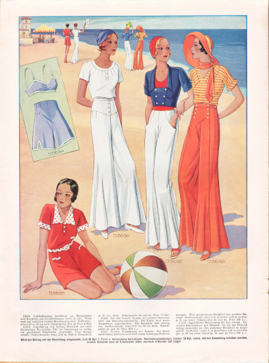 5634: Luftbadeanzug, bestehend aus Büstenhalter und Beinkleid aus lavendelblauem Toile de soie. Beide sind mit schmalen weißen Blenden abgesetzt.
5635: Strandanzug mit kurzem Beinkleid aus roter frottéartiger Waschseide. Für die Garnierung ist weiße, rot gepunktete Waschseide verwendet. Vorn Knopfschluß.
5636: Für den Strand: Pyjama aus weißer Shantungseide mit Säumchengarnierung. Der Taille sind kurze Ärmelchen angeschnitten. Das Beinkleid fällt glockig aus.
5637: Fescher Strandanzug aus Leinen. Das kurze dunkelblaue Jäckchen wird über einem beliebigen Pullover getragen. Weit geschnittenes Beinkleid aus weißem Material.
5638: Jugendlicher Bobbyanzug für den Strand. Gestreifte Kimonobluse mit Blenden, für die das Material schräg verwendet ist. Das einfarbige Beinkleid ist längsgeteilt.