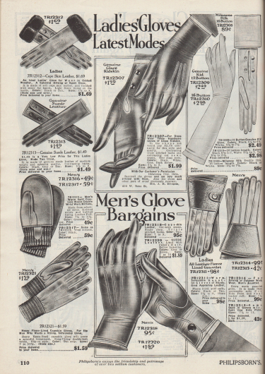 „Damenhandschuhe der neuesten Mode“ (engl. „Ladies‘ Gloves Latest Modes“).
Oben befinden sich kurze und lange Handschuhe aus „Capeskin“ (Ziegenleder vom Kap der Guten Hoffnung, Südafrika), Wildleder oder anderem feinen Ziegenleder für Frauen. Handrücken mit Ziernähten. Druckknöpfe als Verschluss.

„Handschuh-Schnäppchen für Herren“ (engl. „Men’s Glove Bargains“).
Unten werden feine Handschuhe sowie Arbeitshandschuhe aus Capeskin, Ziegen- oder Kuhleder angeboten. Die Arbeitshandschuhe sind mit Vlies gefüttert und besitzen teilweise ein Strickbündchen.