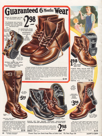 Arbeitsschuhe und hochgeschlossene Arbeitsstiefel mit Riemen mit sechs Monaten Garantie. Die Schuhe sind aus nachgegerbten Ledern und zeigen verstärkte Nähte. Die meisten Modelle besitzen die Mokassin Kappe mit rundgeführter Naht an der Schuhspitze.
