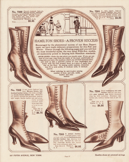 „Hamilton Schuhe – Ein erwiesener Erfolg“ (engl. „Hamilton Shoes – A Proven Success“).
Hochpreisige Damenstiefeletten zum Schnüren aus „Cabretta“ (südamerikanisches Haarschaffell), Lackleder oder Chevreauleder (Ziegenleder). Die Stiefelschäfte sind ebenfalls aus diesen Ledern oder Nubuk-Leder (Rau- bzw. Veloursleder). Die erhältlichen Farben sind Hellbraun, Braun, Havannabraun oder Schwarz. Die Schuhkappen sind spitz zulaufend und bei den Absätzen sind geschwungene Louis XIV Absätze und einmal dicke, breite Militärabsätze ausmachbar. Ein Schuhmodell mit seitlicher Knöpfung. Die Damenschuhe können zudem in verschiedenen Breiten (E, sehr breit; D, mittelbreit; C mittel schmal) bestellt werden.