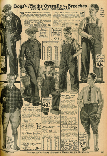 Arbeitskleidung für Jungs: Overalls aus Jeansstoff, Knickerbockerhosen und ein Blouson (unten links).