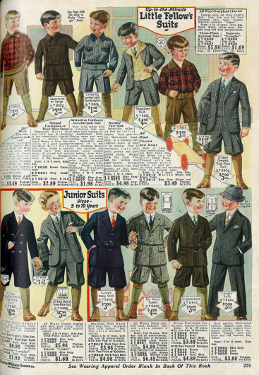 Kleidung für Jungen von 5 bis 10 Jahren. Oben befinden sich die Anzüge für „little fellow’s“ (kleine Burschen), während unten die Anzüge für die größeren Jungs gezeigt werden.